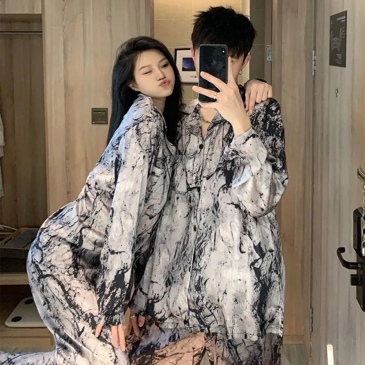 高级感泼墨画春季情侣睡衣女冰丝长袖宽松薄款男士家居服套装夏天