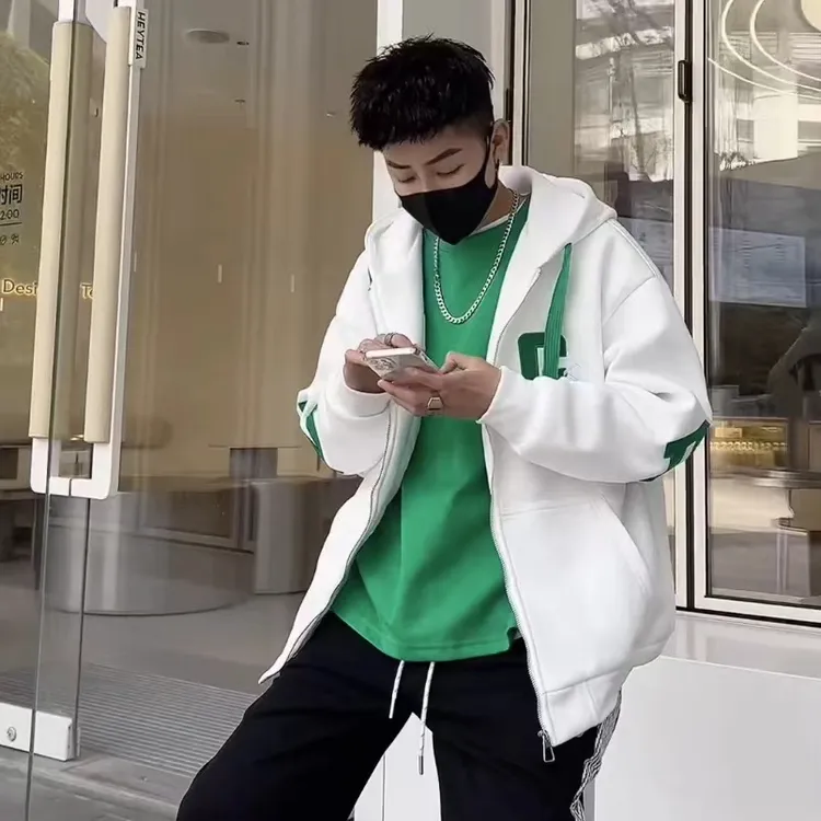 春季青少年新情侣款潮牌连帽夹克外套宽松版型青少年百搭休闲2201