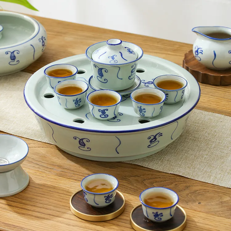 复古青花瓷陶瓷功夫茶具中式老式潮汕茶杯怀旧家用泡茶盖碗釉下彩