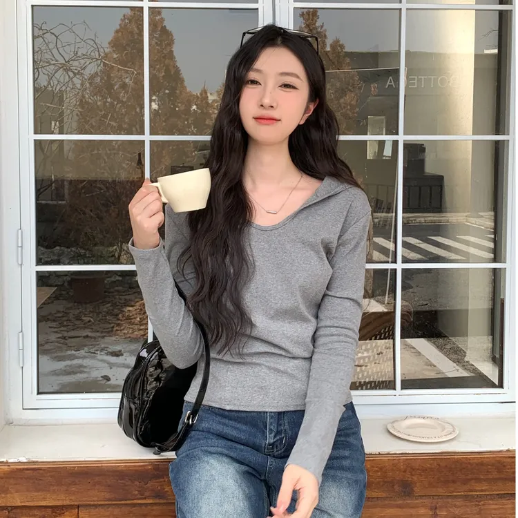 连帽纯色长袖T恤女2024早秋新款设计感收腰显瘦宽松百搭打底衫潮