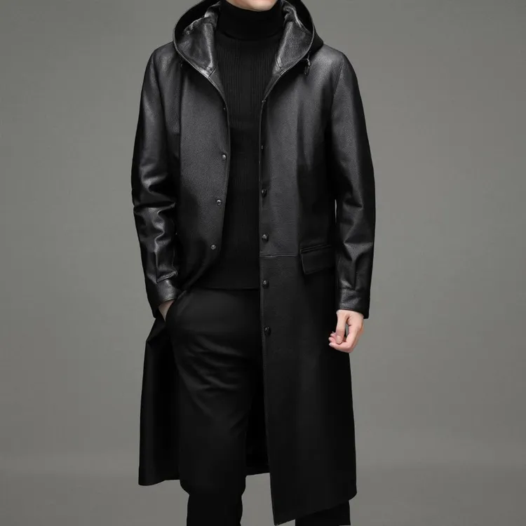 【加厚中长款牛皮】真皮皮衣男海宁皮风衣2024高档男士连帽休闲外套