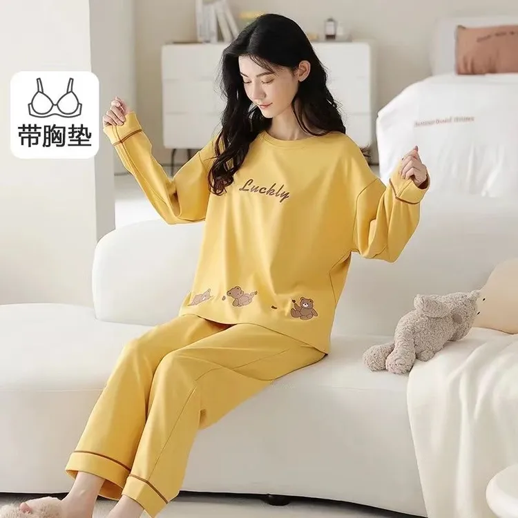 带胸垫100%纯棉睡衣女纯棉长袖春秋季卡通可爱全棉圆领家居服套装