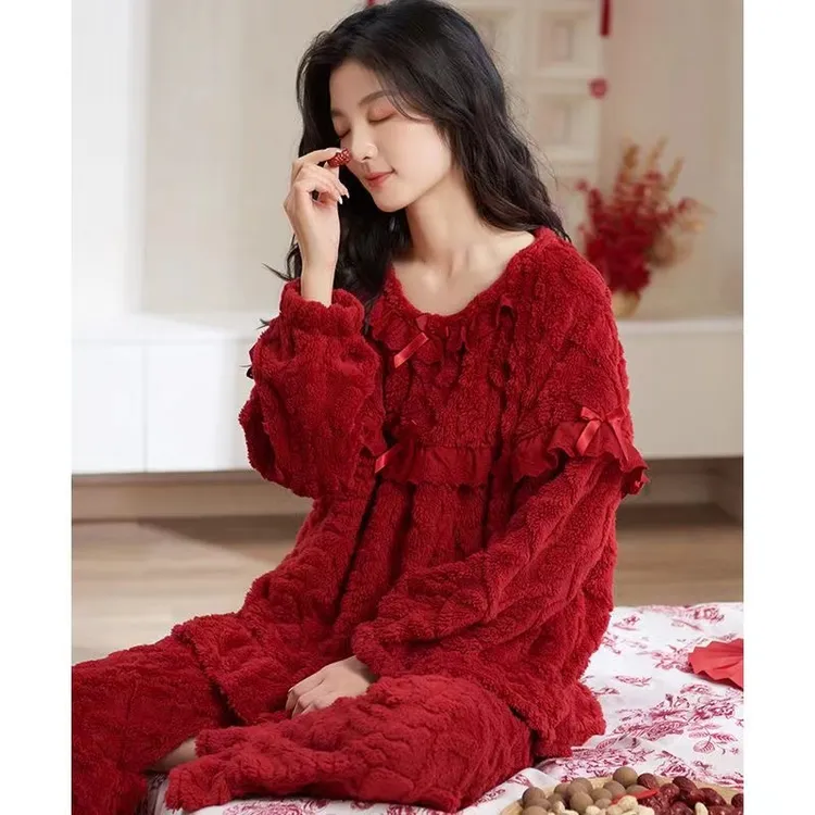 红色睡衣女秋冬季加绒加厚法兰绒保暖珊瑚绒家居服本命年结婚套装