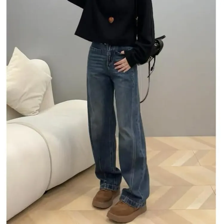 牛仔裤窄版阔腿裤直筒裤女大码窄版直筒裤女款2025黑色直筒裤