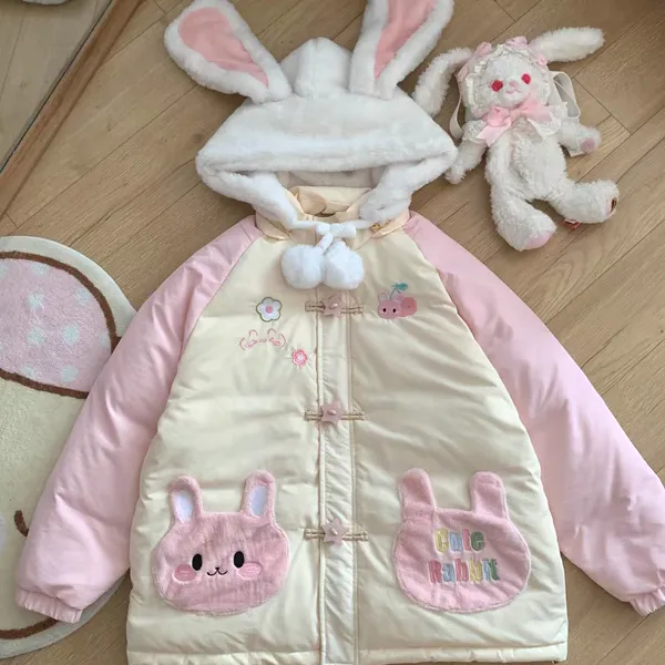 原创日系甜妹可爱兔子奶黄秋冬面包服女白鸭棉衣软妹外套女