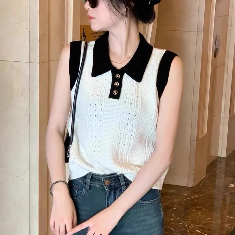 欧洲站2023秋装新款欧货小翻领全羊毛镂空针织衫套头无袖背心上衣