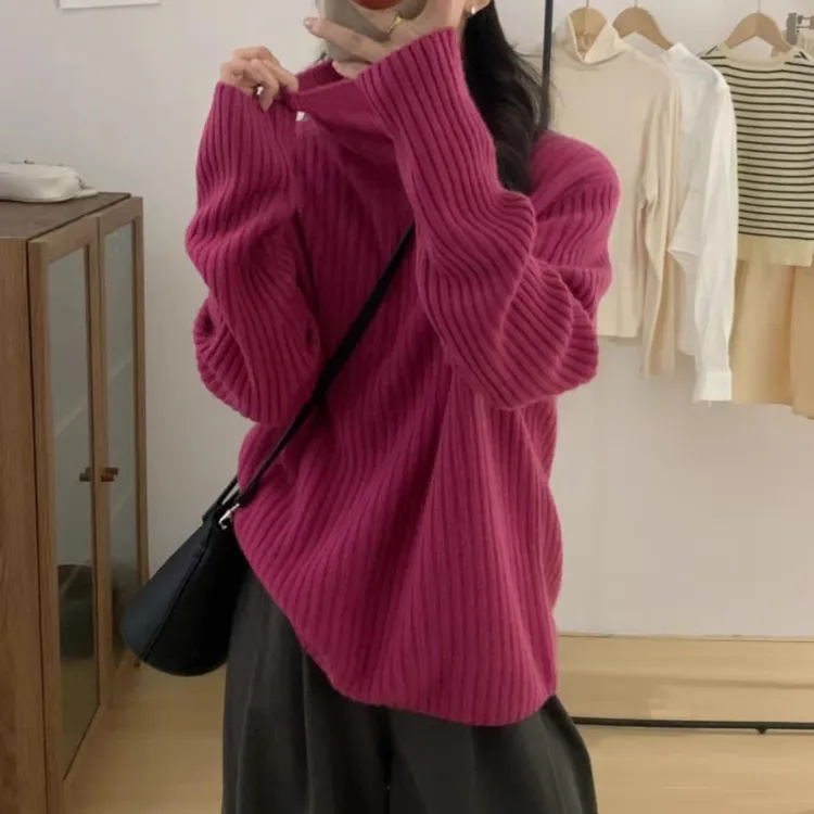 宽松慵懒风高领毛衣女2023年冬季新款韩版针织简约坑条套头羊毛衫