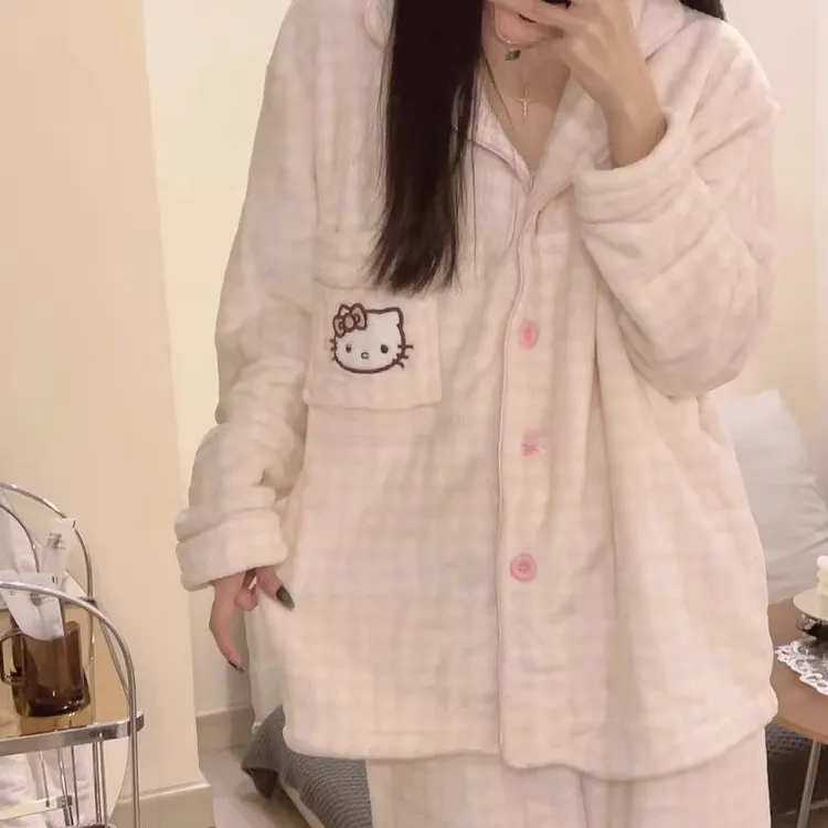睡衣女款秋冬季卡通少女KT猫珊瑚绒加厚长袖套装可爱休闲家居服