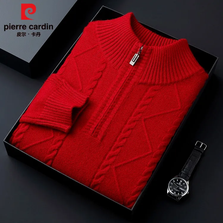 皮尔卡丹针织羊毛衫男士半拉链秋冬新款加厚保暖本命年红色毛衣男