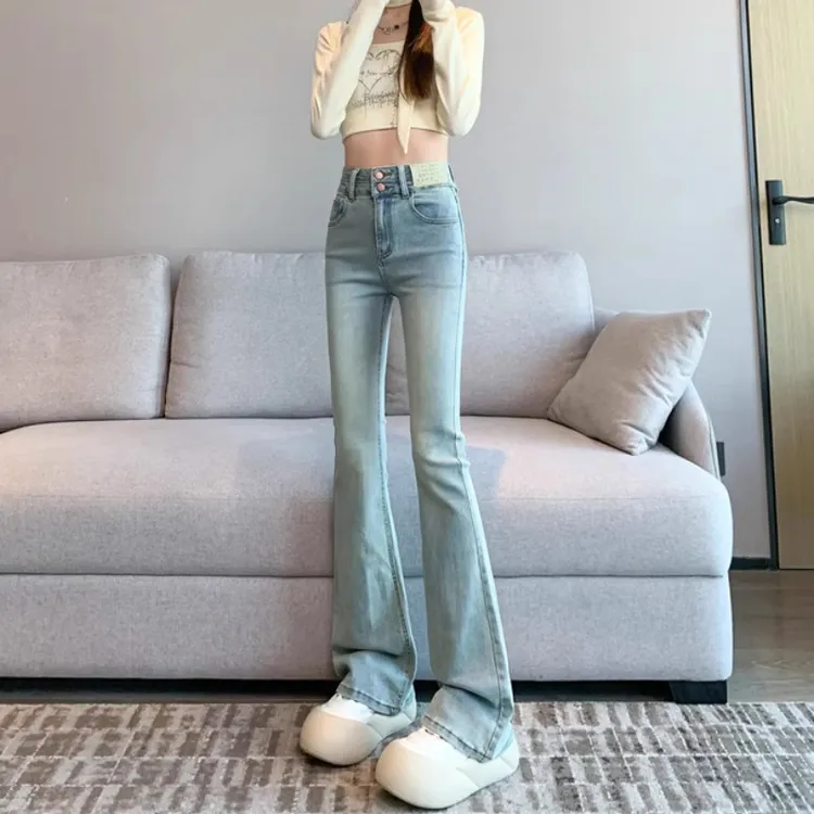 纳祥鸟浅蓝色高腰喇叭牛仔裤女春秋显瘦紧身微喇马蹄裤子2025新款