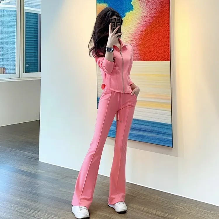 洋气休闲套装女秋新款春秋显瘦运动服减龄气质微喇叭修身两件套