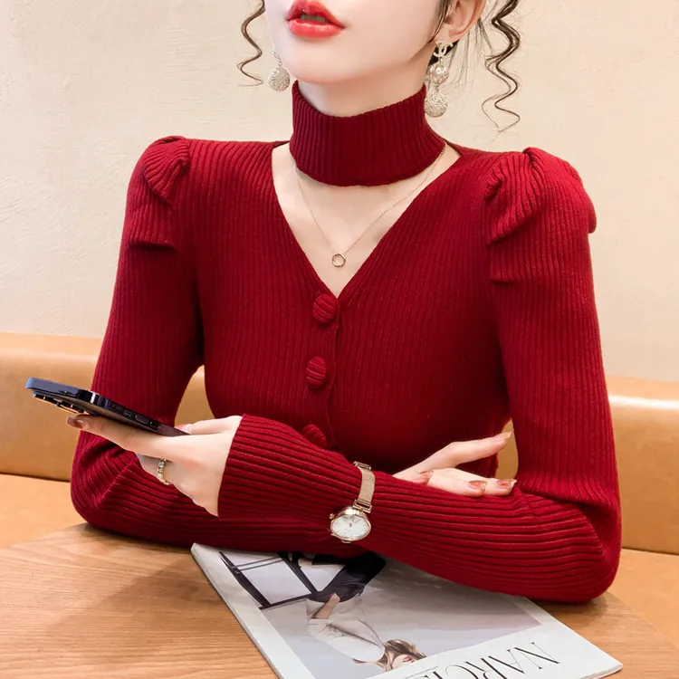 小香风法式泡泡袖针织打底衫女内搭秋冬洋气独特别致v领挂脖上衣