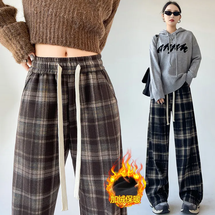 加绒加厚毛呢格子阔腿裤女2023秋冬复古高腰慵懒休闲窄版直筒裤