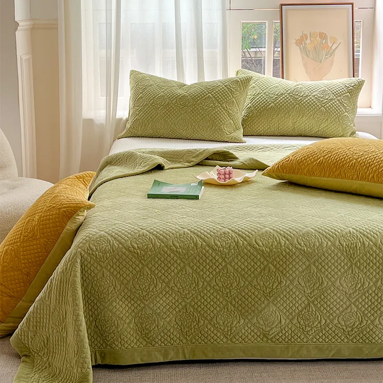 一面宝宝绒一面天丝床盖双面两用四季纯色夹棉加厚绗缝牛奶绒床单