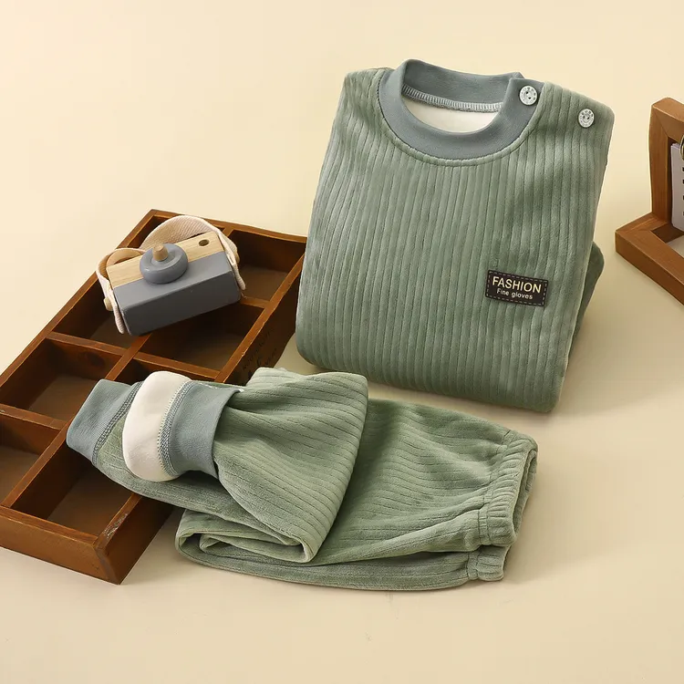 儿童加绒加厚保暖内衣套装宝宝男孩女孩秋冬竖条纹卫衣打底两件套