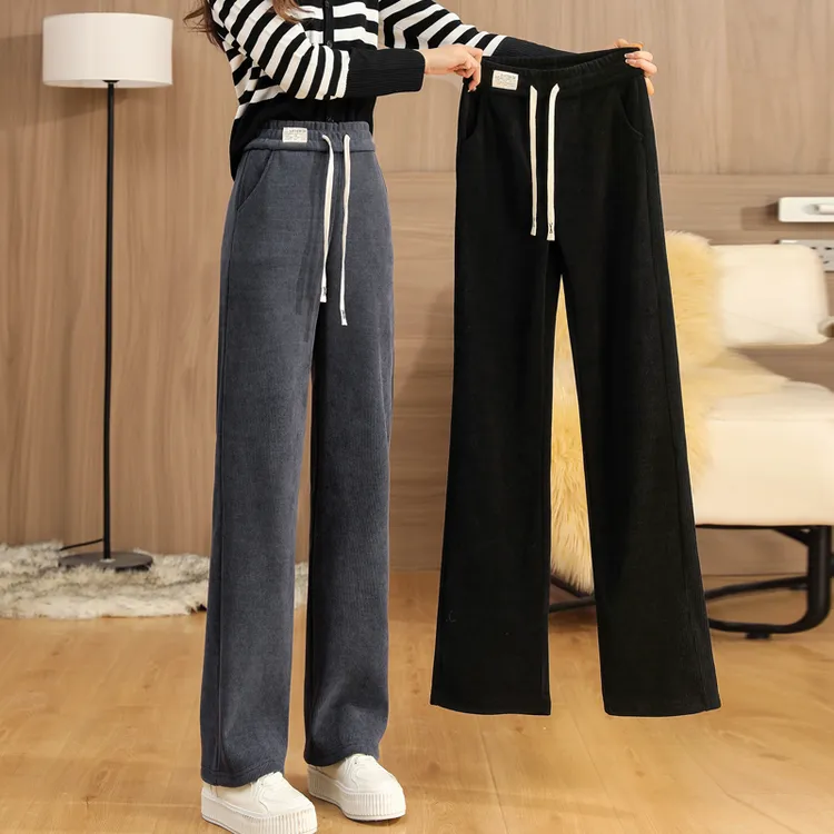 2025加绒加厚直筒裤春秋九分裤宽松秋冬长裤高腰垂感窄版阔腿裤女