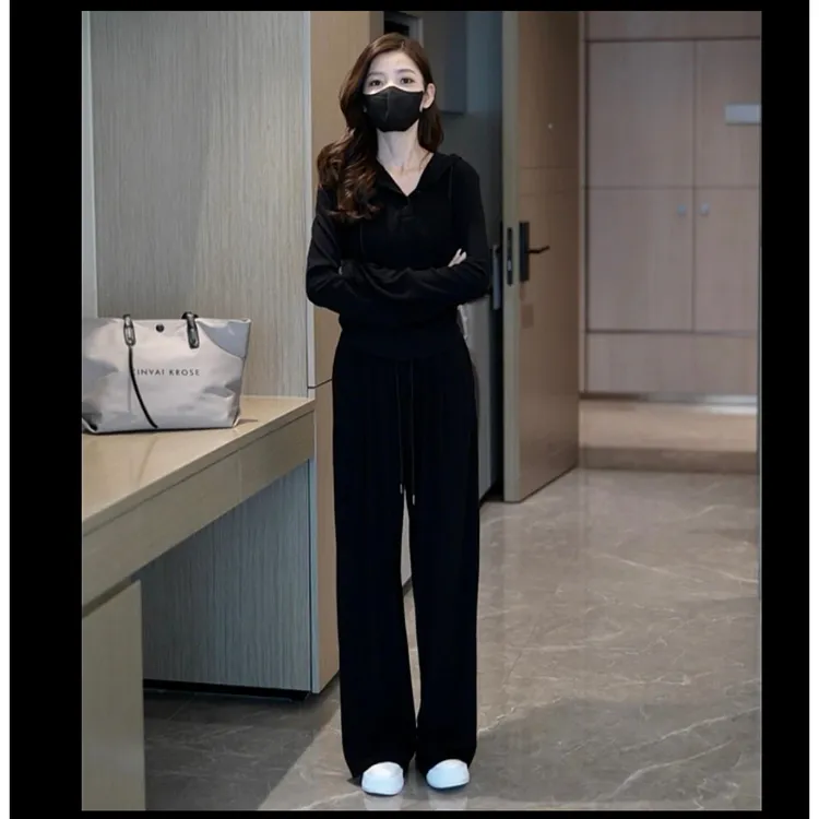 2024春夏款连帽卫衣高腰阔腿裤女宽松时尚运动两件套长袖气质套装