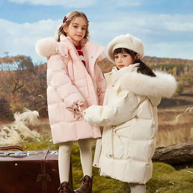 巴拉中小童女童羽绒服新款2024中大童韩版中长款加厚儿童外套冬