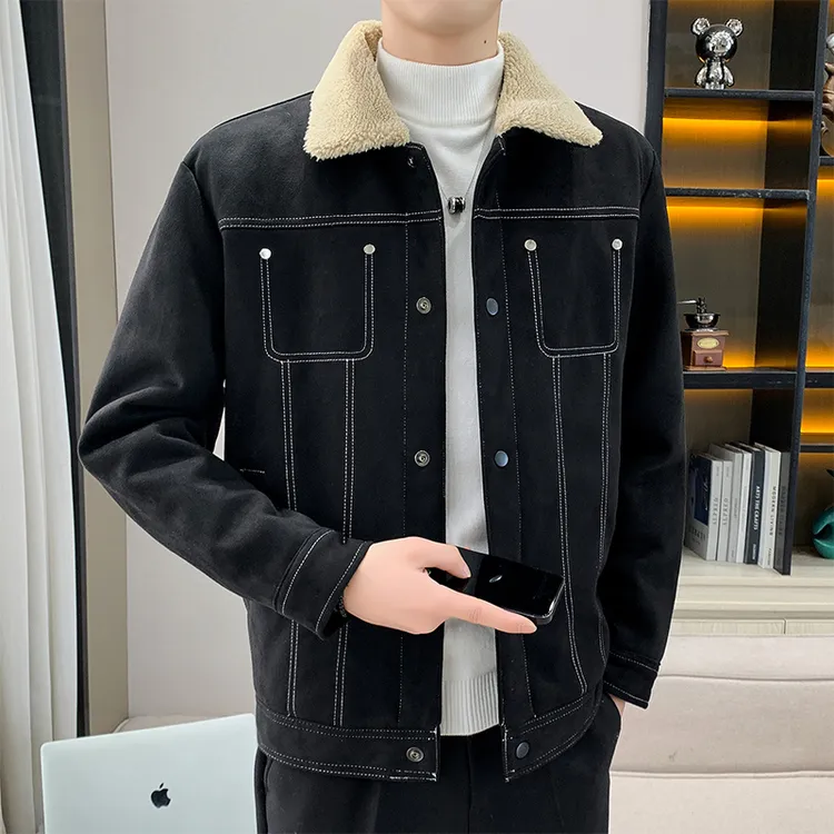 男士翻领羊羔绒夹克2024冬季新款加绒加厚修身工装男款保暖外套潮