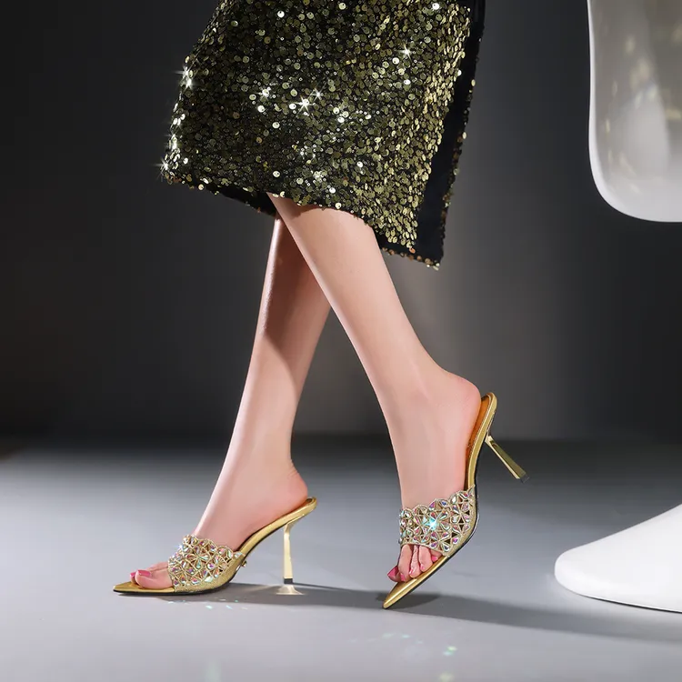 新款尖头水钻高跟真皮一字凉拖鞋女轻奢休闲半拖手工气质女鞋GZYX