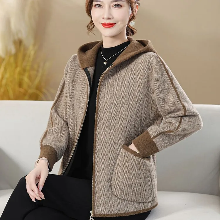 妈妈春装连帽外套开衫50岁60中老年秋冬拉链夹克短款洋气休闲上衣