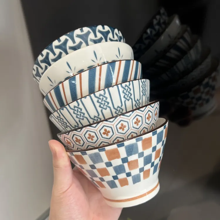 古色古香 5英寸斗笠碗六个装 国风陶瓷釉下彩米饭碗 高脚 酸奶碗