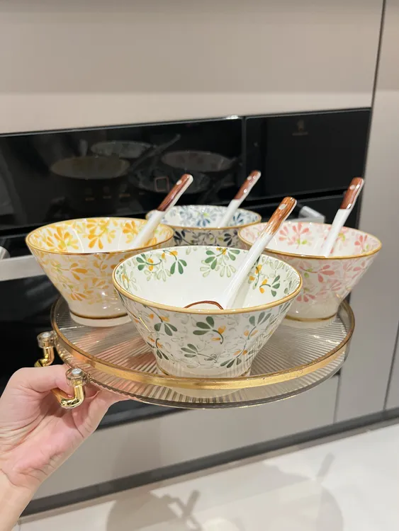 四季繁花5英寸斗笠碗四碗四勺八件套 家用餐具陶瓷釉下彩米饭碗