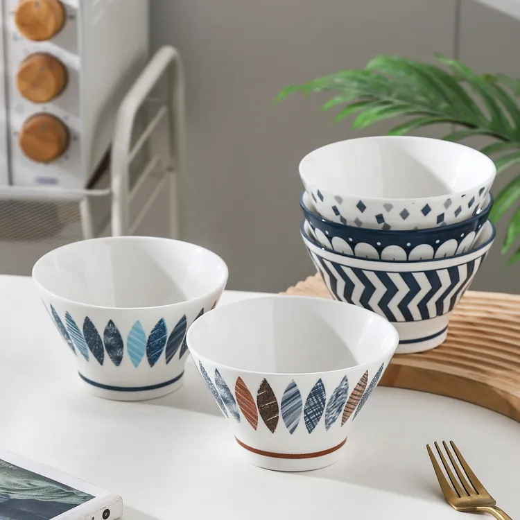 和风简约5英寸斗笠碗五个装 家用陶瓷釉下彩米饭碗吃饭碗（12.5cm）