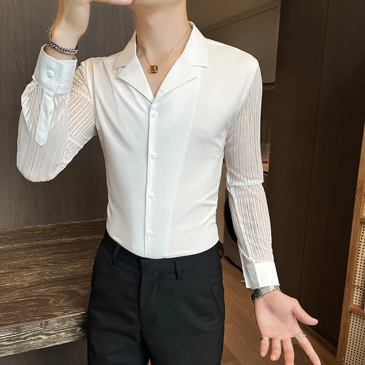 古巴领网纱拼接衬衫男长袖春秋季2025新款潮牌男装高级感痞帅衬衣