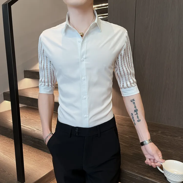 高级感蕾丝拼接短袖衬衫男夏季新款休闲痞帅薄款七分中袖衬衣潮牌