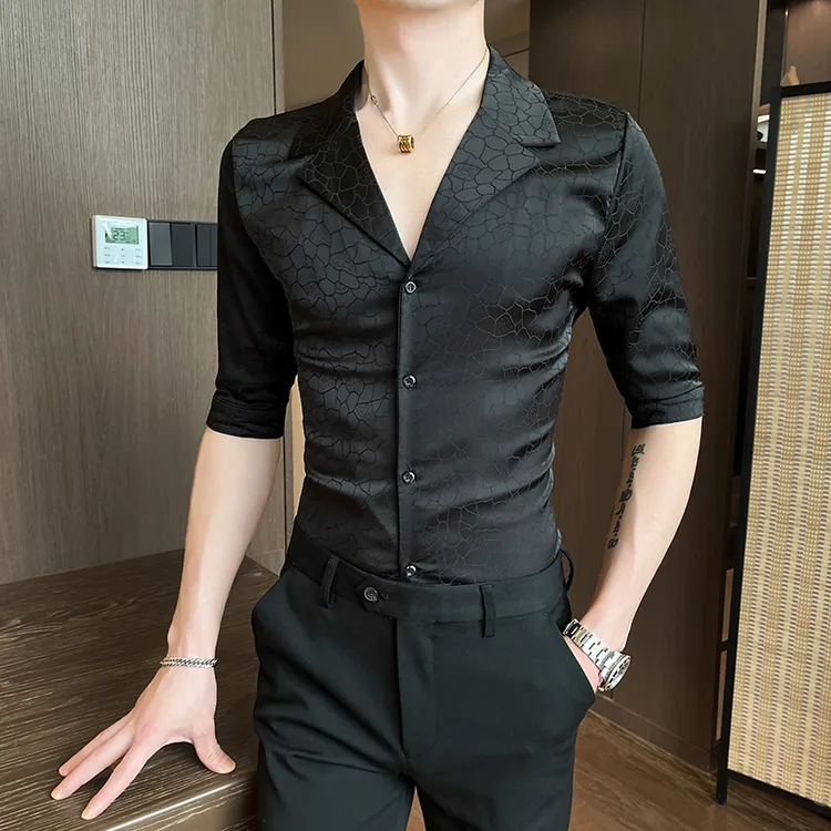 高级感古巴领短袖衬衫男士夏季薄款潮牌休闲痞帅花纹七分中袖衬衣