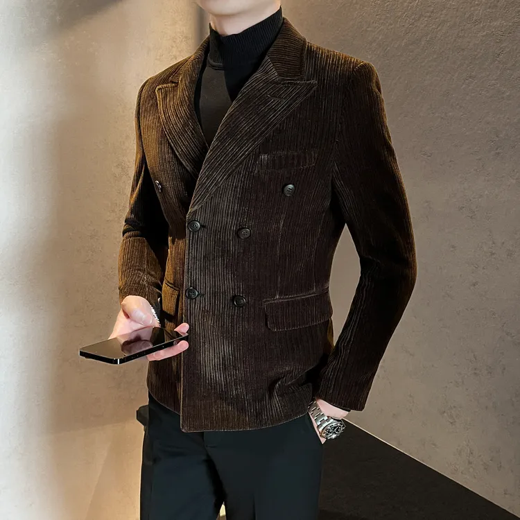 雪尼尔双排扣休闲西服男士秋冬季新款痞帅高级感韩版修身西装外套