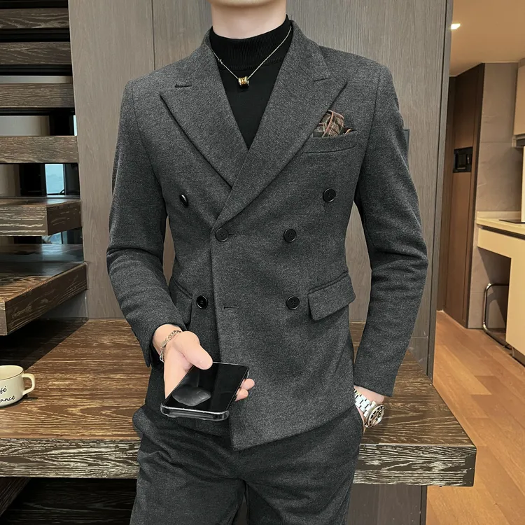 秋冬款加厚男士毛呢西服套装2025新款韩版修身痞帅双排扣西装礼服