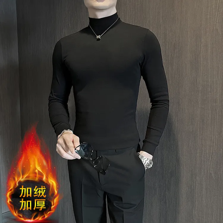 半高领男士长袖t恤秋冬2025新款加绒加厚紧身中领休闲内搭打底衫