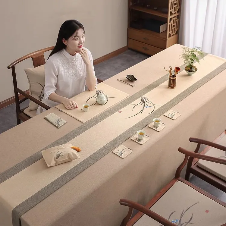中式茶桌桌布棉麻布艺防水禅意台布定制超大尺寸轻奢高级感餐桌布