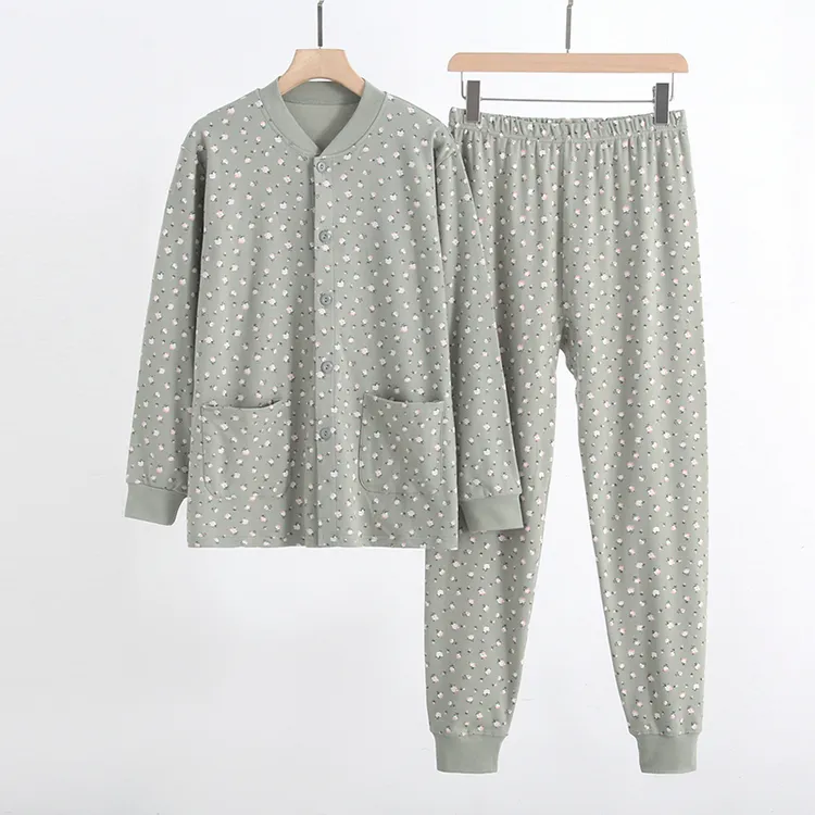 中老年人女士纯棉开衫秋衣秋裤套装妈妈开襟家居服针织大码棉毛衫