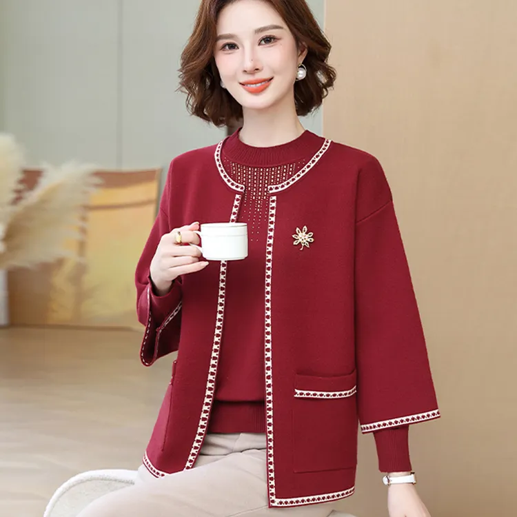 妈妈装新款秋冬减龄针织毛衣两件套中老年女装春秋洋气时尚两件套