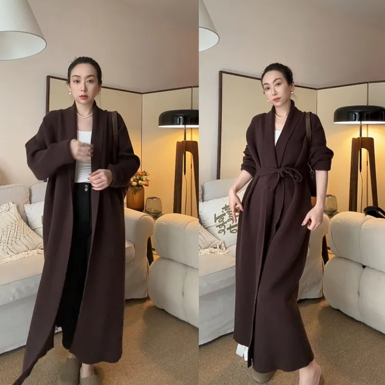 2024秋冬简约毛衣外套女加厚百搭浴袍式超长系带针织开衫大衣风衣