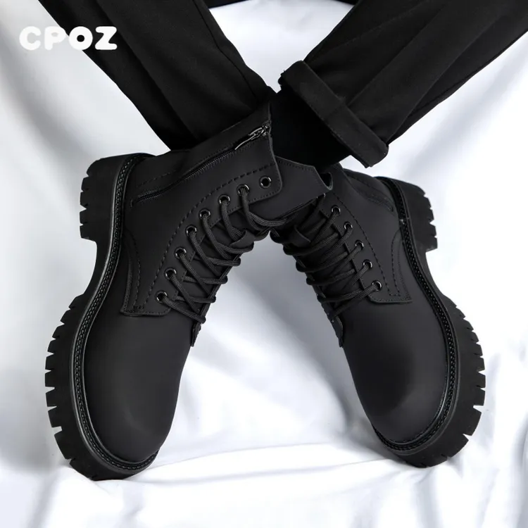 黑色马丁靴男ins酷侧拉链工装机车靴欧美厚底高帮鞋磨砂感
