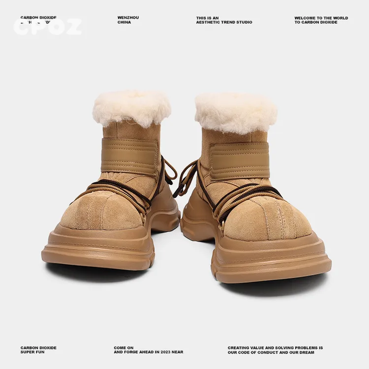 雪地靴情侣包头厚底增高保暖中筒绑带防水防滑牛皮大头靴子