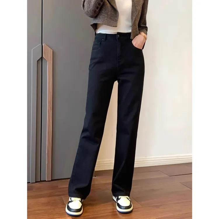 加绒黑色窄版直筒牛仔裤女2025秋冬保暖大码胖mm梨形身材高腰弹力