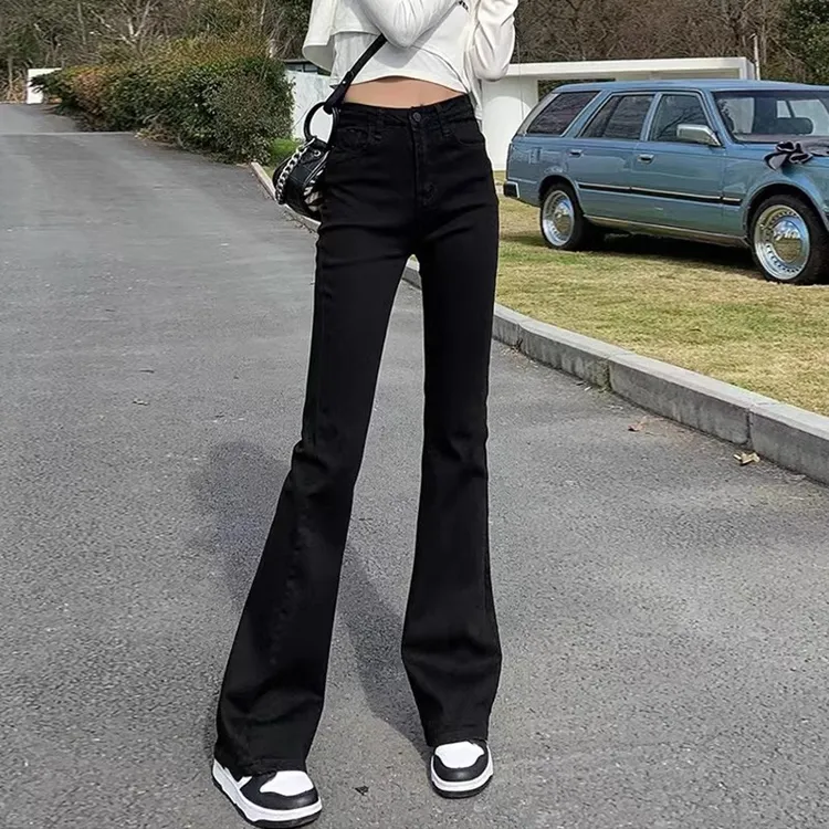 黑色薄绒微喇牛仔裤女2025新款秋季高腰显瘦修身弹力喇叭马蹄裤子