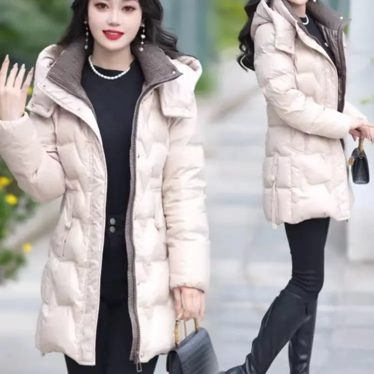 中长款2024年新款爱心女装棉服冬季立领百搭加厚保暖潮流连帽外套