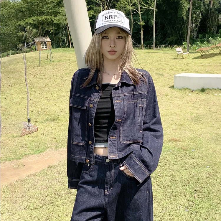 2024春秋新款丹宁蓝牛仔短外套女美式复古时尚设计不对称工装上衣