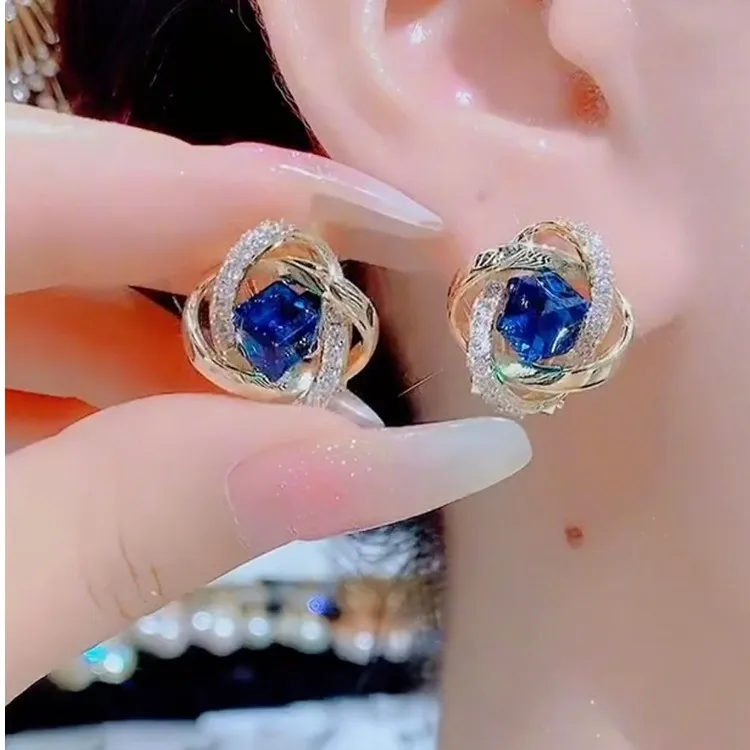 铜合金耳饰 蓝色妖姬仿水晶玻璃耳扣满钻轻奢气质2024年新潮百搭