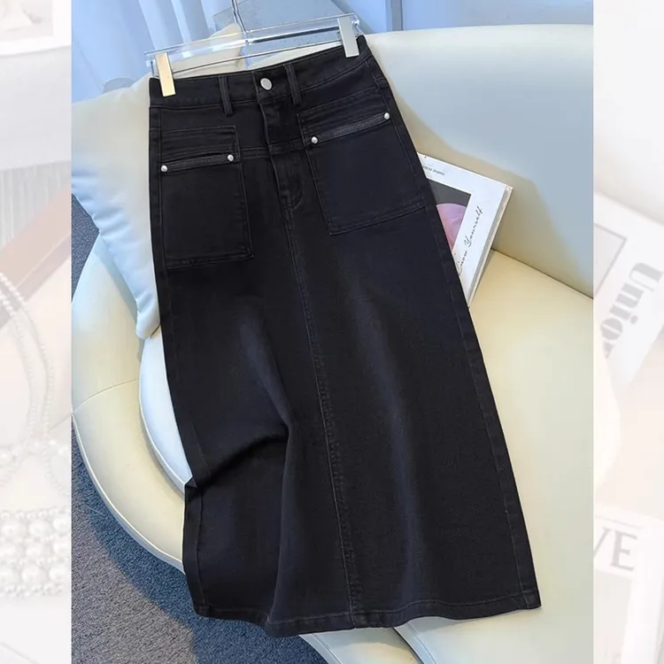 牛仔直筒半身裙女秋季2025新款高腰修身中长款黑色气质A字包臀裙