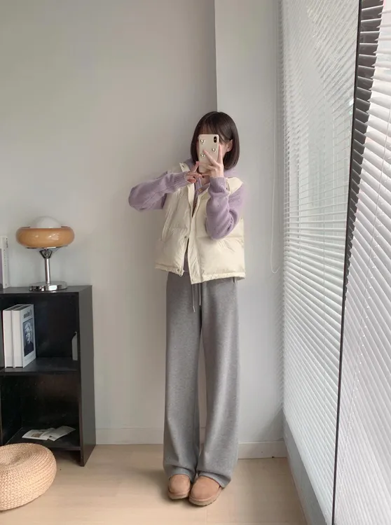 【香芋奶茶】时尚新款气质香芋紫色针织上衣搭配灰色休闲长裤白马甲