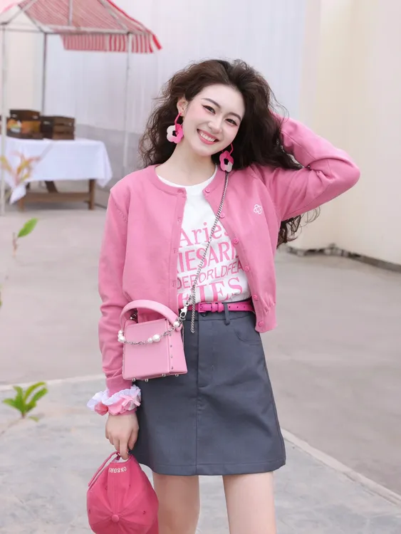 早秋粉色洋气长袖百搭针织开衫薄款设计感显瘦西装裙气质上衣春秋