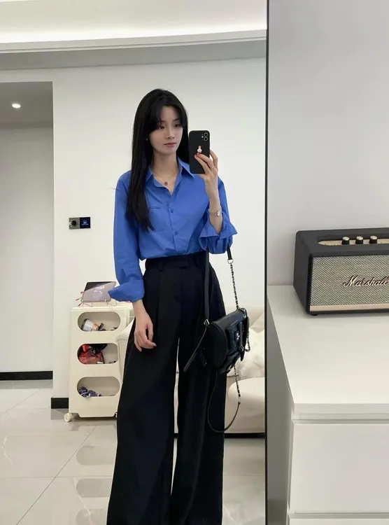 【星与海】秋季气质长袖蓝色衬衫搭配黑色高腰西装阔腿裤简约两件套