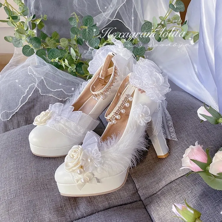 [纯白花嫁]六芒星中跟手作高跟小羽毛低跟洛丽塔白色婚婚鞋lo鞋
